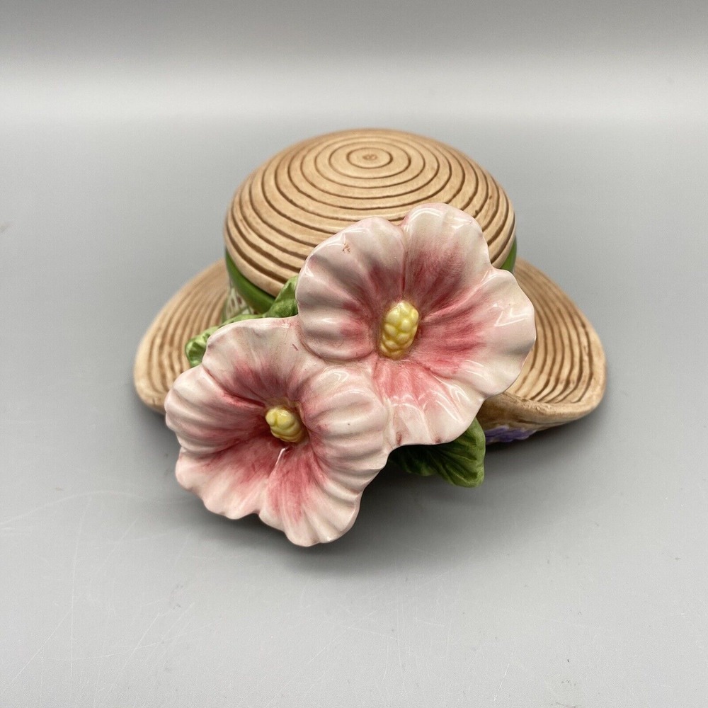 VTG Fitz And Floyd Essentials‎ Spring Hat Pink Hibiscus Flower Trinket Box W/Lid